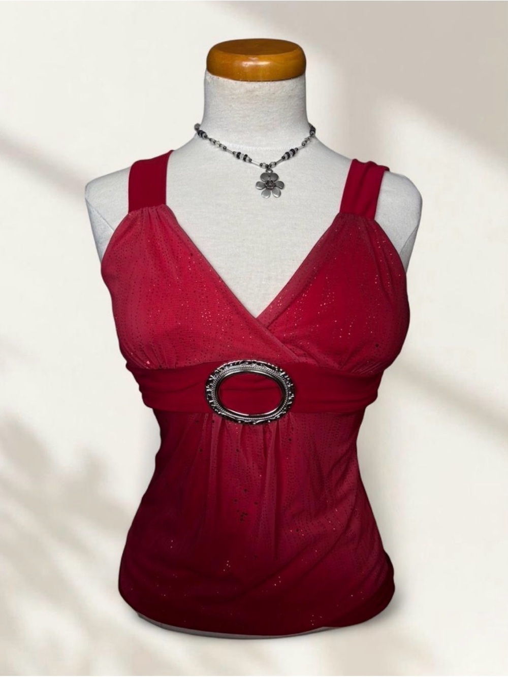 Sparkle Red V-Neck Tank with Decorative Oval Buckle